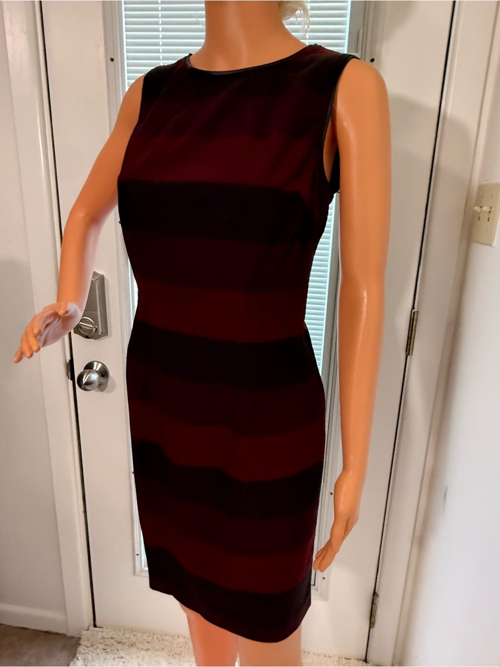Sleeveless Midi Sheath Dress in Burgundy and Black Stripes